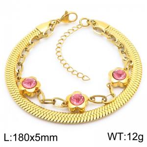 5mm Snake Chain Double Chain Stainless Steel Bracelet With Pink  Stone Flower Pendant Gold Color - KB185369-ZC
