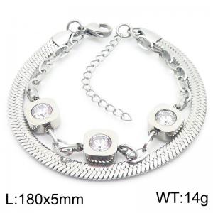 5mm Snake Chain Double Chain Stainless Steel Bracelet With White Stone Flower Pendant Silver Color - KB185370-Z