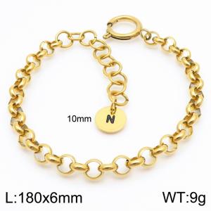 Stainless steel O-chain spring buckle gold bracelet with letter tail tag - KB186377-Z