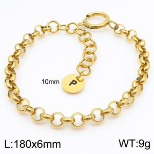 Stainless steel O-chain spring buckle gold bracelet with letter tail tag - KB186379-Z