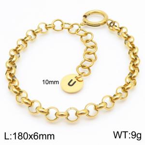 Stainless steel O-chain spring buckle gold bracelet with letter tail tag - KB186384-Z