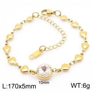 Classic Round Transparent Stone Pendant Heart Chain Charm 18K Gold Stainless Steel Adjustable Bracelets - KB186598-Z