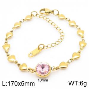 Classic Round Pink Stone Pendant Heart Chain Charm 18K Gold Stainless Steel Adjustable Bracelets - KB186599-Z