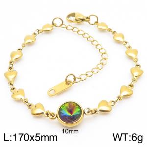 Classic Round Colorful Stone Pendant Heart Chain Charm 18K Gold Stainless Steel Adjustable Bracelets - KB186603-Z