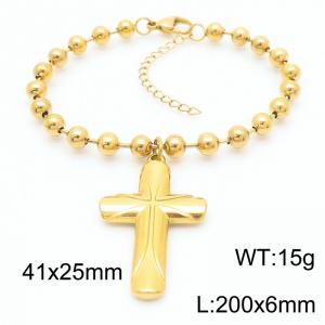 Stainless Steel Cross Pendant Round Bead Bracelet For Women Simple Polished Gold Color Jewelry - KB186658-Z