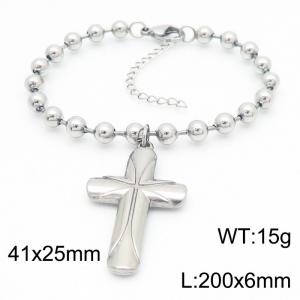 Stainless Steel Cross Pendant Round Bead Bracelet For Women Simple Polished Jewelry - KB186659-Z