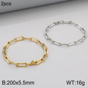 Fashionable Titanium Steel Curved Edge Square Wire Chain Bracelet, Steel and Gold Two Piece Set - KB186738-Z