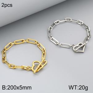 Fashion Titanium One to One Square Wire Chain Peach Heart OT Buckle Bracelet, Steel and Gold Two Piece Set - KB186740-Z