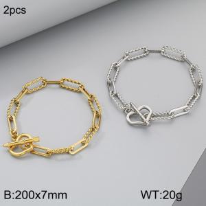 Fashion titanium one-to-one Fried Dough Twists square wire chain peach heart OT clasp bracelet, steel and gold two-piece set - KB186743-Z