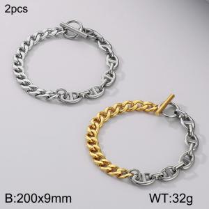 Fashionable Titanium Steel Cuban Chain Splicing Japanese Word Chain OT Buckle Bracelet, Steel and Gold Two Piece Set - KB186748-Z