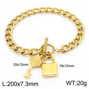 Fashion OT Clasp Jewelry Gold Plated Lock Key Pendant Bracelets Stainless Steel Curb Cuban Chain Women Bracelet - KB187543-Z