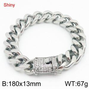 Shiny Stainless Steel 304 Rhinestone Buckle Cuban Bracelet Men's Silver Color - KB189034-Z