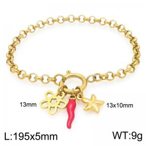 Elegant Gold Color Link Bracelet Adorned with Star, Chili & Shell Charms Stainless Steel Jewelry - KB204355-Z