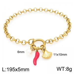 Elegant Gold Color Link Bracelet for Women Adorned with Pearl, Chili & Shell Charms Stainless Steel Jewelry - KB204357-Z