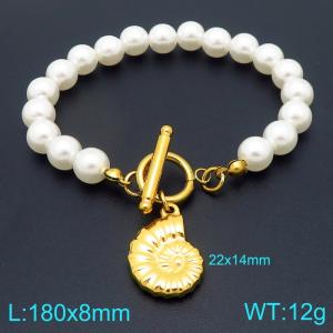 Stainless steel DIY handmade pearl chain OT buckle hanging conch pendant temperament gold bracelet - KB206690-Z