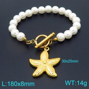 Stainless steel DIY handmade pearl chain OT buckle hanging starfish pendant temperament gold bracelet - KB206692-Z