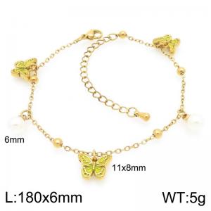 Stainless steel bead fine chain hanging fluorescent green butterfly imitation pearl pendant temperament gold bracelet - KB206695-Z