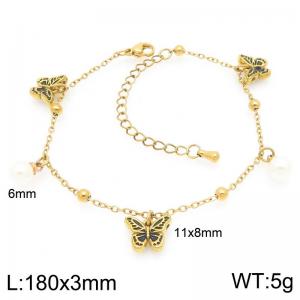 Stainless steel bead fine chain hanging black butterfly imitation pearl pendant temperament gold bracelet - KB206696-Z