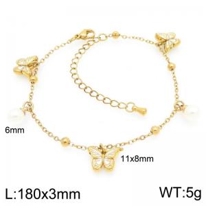 Stainless steel bead fine chain hanging white butterfly imitation pearl pendant temperament gold bracelet - KB206697-Z