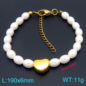 Stainless steel heart-shaped accessory splicing oval imitation pearl bead chain lobster buckle charm gold bracelet - KB207123-ZZ