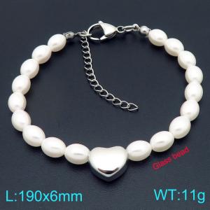Stainless steel heart-shaped accessory splicing oval imitation pearl bead chain lobster buckle charm silver bracelet - KB207124-ZZ