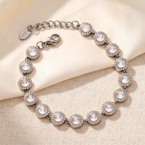 Stainless Steel Bracelet for Women, Round Halo Cubic Zirconia Tennis Bracelet, Adjustable Dainty Crystal Chain Bracelet - KB216062-CAJY