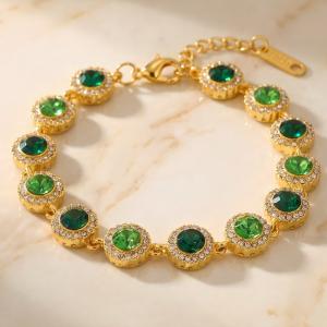 Gold Plated Stainless Steel Bracelet for Women, Round Halo Cubic Zirconia Tennis Bracelet, Adjustable Dainty Crystal Chain Bracelet - KB216065-CAJY