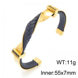Braided Leather Twisted Stainless Steel Cuff Bracelet for Men, Inlaid Black Crystal Open Bangle Jewelry Gift - KB216509-KFC