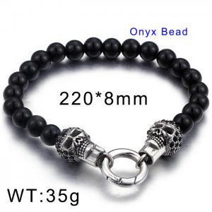 Men's Steel Skull Zircon Black Onyx Bead Bracelet - KB81842-BD