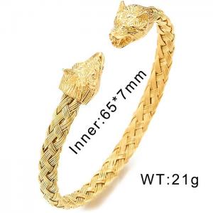 Mens Wolf Head Bracelet Steel Braided Cable Bangle Cuff Bracelet Polished, Adjustable Gold-plating Bangle - KB97926-K