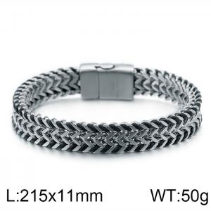 Men's Braided Leather Stainless Steel Double Row Woven Chain Magnet Buckle Bracelet - KB99444-BD