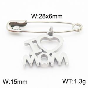 Stainless steel  28x6mm silver safety pin with I love mom charm pendant - KCH1245-Z