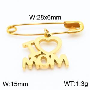 Stainless steel  28x6mm gold safety pin with I love mom charm pendant - KCH1246-Z