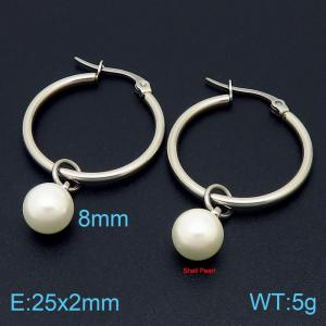 Simple Hoop Earring With Shell Pearl Beads Women Stainless Steel Silver Color - KE104919-Z
