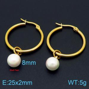 Simple Hoop Earring With Shell Pearl Beads Women Stainless Steel Gold Color - KE104920-Z