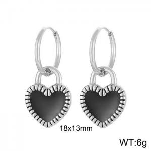 Stainless steel minimalist style fashionable hanging black heart-shaped charm silver earrings - KE108734-Z