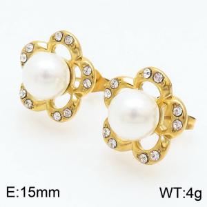 Stainless steel crystal big pearl flower shape fresh style  hollow gold earring - KE108963-KFC
