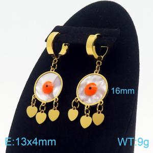 Women Gold-Plated Stainless Steel&Shell Round Orange Eyes Earrings with Love Heart Charms - KE109602-HF