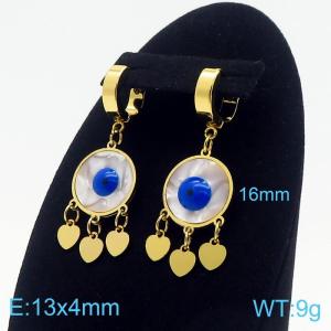 Women Gold-Plated Stainless Steel&Shell Round Blue Eyes Earrings with Love Heart Charms - KE109603-HF