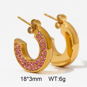 INS Wind All-in-one 18k gold stainless steel C shape rose red zircon earrings for women - KE110558-WGTH
