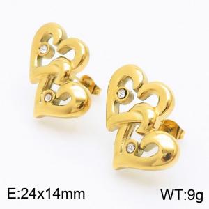 European  wind vacuum plating gold diamond-encrusted heart with heart-shaped stainless steel earrings for ladies - KE110834-KFC