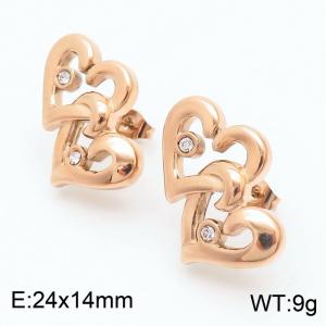 European  wind vacuum plating gold diamond-encrusted heart with heart-shaped stainless steel earrings for ladies - KE110835-KFC