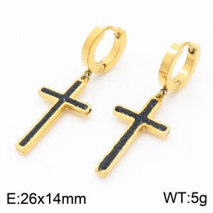 Vintage Gold Black Diamond Cross Titanium Steel Earrings - KE111089-MW