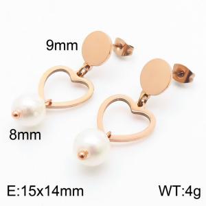 European and American fashion stainless steel creative hollow heart shaped connection pearl pendant temperament rose gold earrings - KE111237-ZC