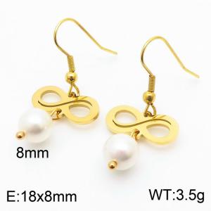 European and American fashion stainless steel ear hook creative black hollow 8-shaped connection pearl pendant temperament gold earrings - KE111241-ZC