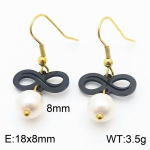 European and American fashion stainless steel ear hook creative black hollow 8-shaped connection pearl pendant temperament gold earrings - KE111243-ZC
