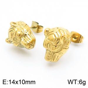 Hip hop style vacuum electroplating gold tiger head stainless steel men's earrings - KE111264-KJX