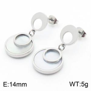 European and American fashion stainless steel women's temperament silver earrings hanging white shell circular pendant - KE112236-MW