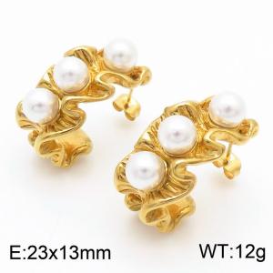 European and American fashion stainless steel imitation pearl creative wrinkle irregular wave shaped women's charm gold earrings - KE112264-MZOZ