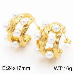 European and American fashion stainless steel imitation pearl creative wrinkled C-shaped women's charming gold earrings - KE112265-MZOZ